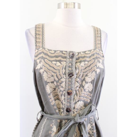 Johnny Was Green Ornate Floral Embroidered Button Front Tie Waist Linen Dress S - Picture 2 of 8